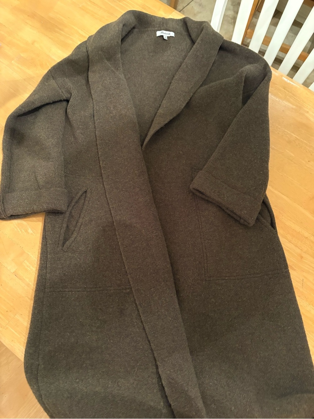 Madewell Wrap Sweater-Coat – Heathered Olive/Brown, 100% Merino Wool
